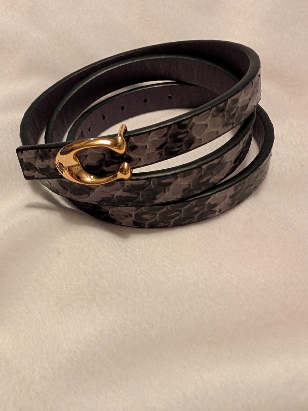 COACH SIGNATURE Triple Wrap Leather Bracelet Snake Print Black Gray Purple
